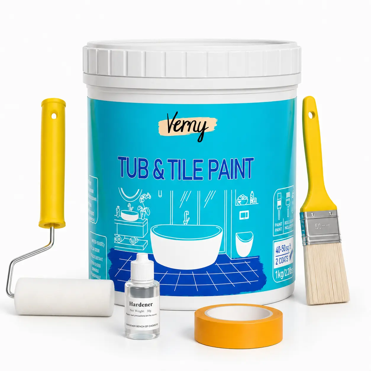 VERNY Tub & Tile Paint Refinishing Kit, White Bathroom Paint for Bathtubs, Ceramic Tile, Sinks, Countertops & Shower Walls