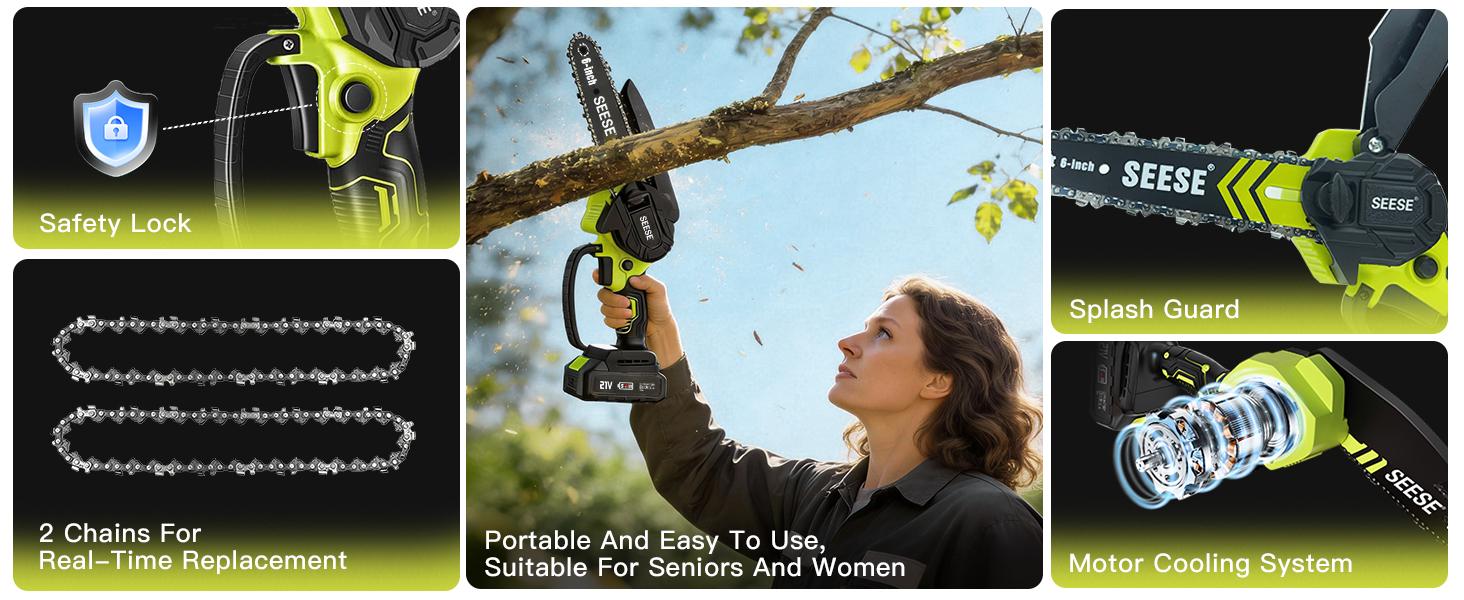 SEESE 6 Inch Brushless Chain Saw with  Batteries (2000mAh) - Portable Electric Cordless Saw for Wood Cutting, Pruning, Gardening, Camping - Suitable for Seniors, Women Holiday gifts