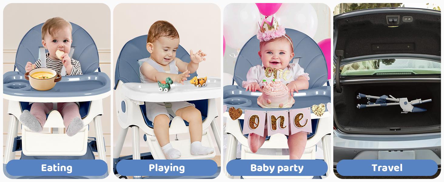 (With Wheels)High Chair For Children's,Multifunctional 3 in 1 Adjustable High Chair with Removable 3-Position Adjustable Tray, Stability Structure & 3-Point Safety Harness,Dining Room Furniture