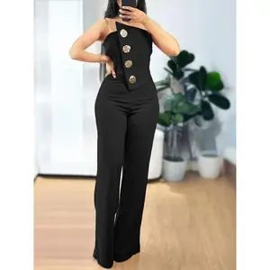 Elegant Women's One-Piece Jumpsuit with Asymmetric Metallic Buckle Detail, Casual Strapless Polyester Knit Fabric, All-Season Solid Black Overalls