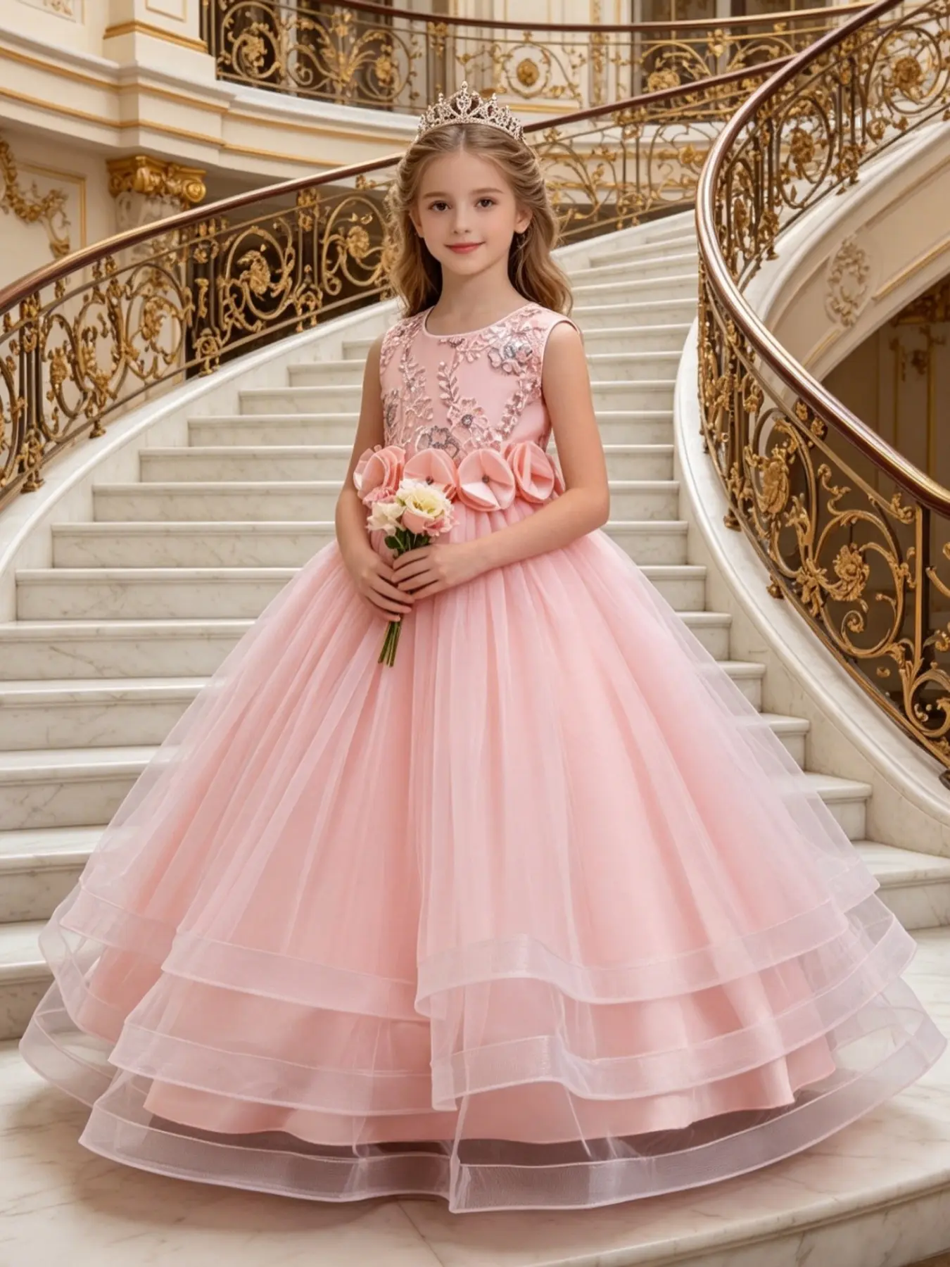 Girls' Elegant Rhinestone Dress, Long Sleeveless Fitted Princess Gown, Perfect for Weddings, Birthdays, Holidays, Shows, Piano Performances