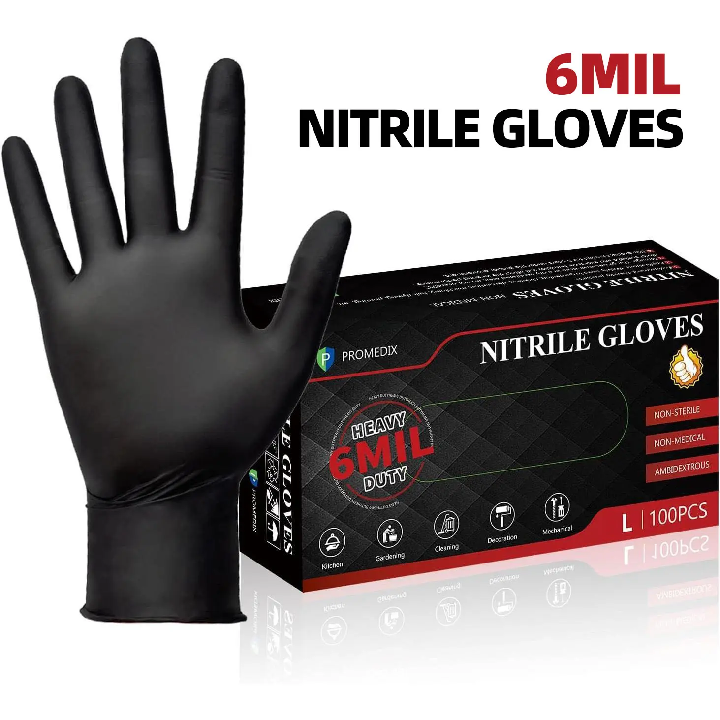 PROMEDIX P Black Heavy Duty 6 Mil Nitrile Gloves, 100 Count Disposable Gloves, Latex Free & Powder Free, Food Safe, Cooking Gloves for Cleaning, Kitchen,Beauty, BBQ, Professional Use Gloves For Tattoo, Pet Care, Automotive Use, Household, Garage
