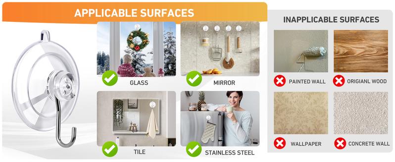 Suction Cup Hooks 12Pack Max Load 10LB 1.77In Clear Small Reusable & Removable Hook Suction Cup with Stainless Steel Hooks Organiser Silicone