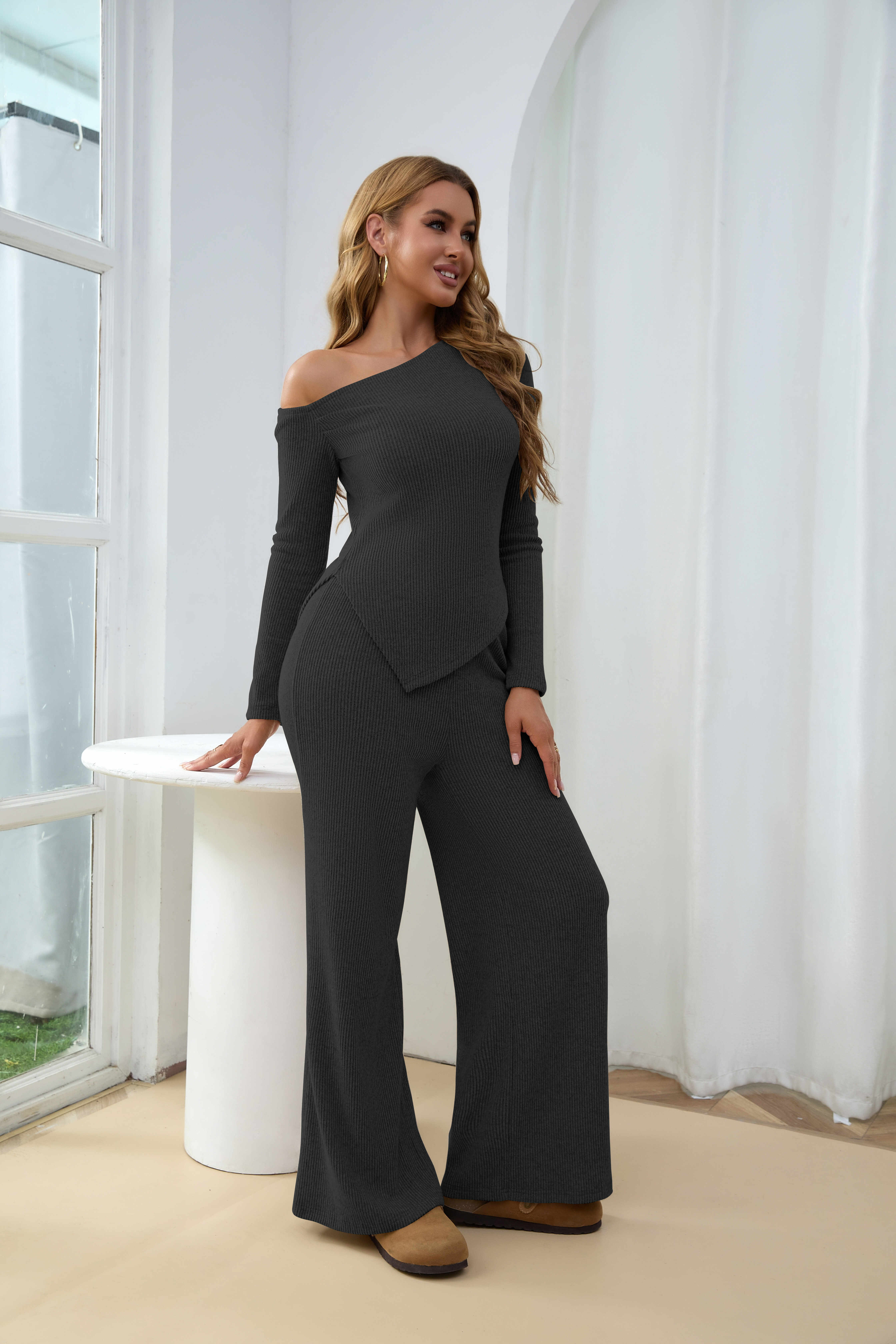 USBoutique Chic Sherpa Set for Women Asymmetric Shoulder Top & High Waist Wide Leg Pants Soft Winter Outfit Beige Color Womenswear Clothes Suits Trouser