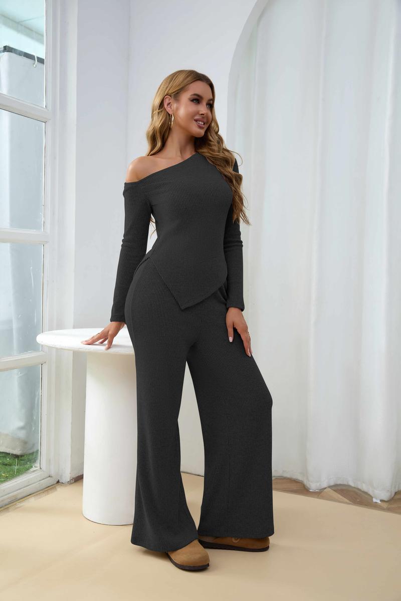 USBoutique Chic Sherpa Set for Women Asymmetric Shoulder Top & High Waist Wide Leg Pants Soft Winter Outfit Beige Color Womenswear Clothes Suits Trouser