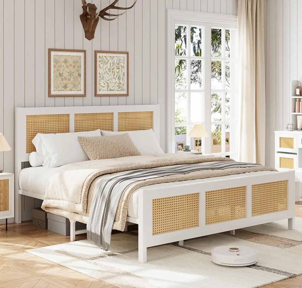 Gaomon Boho Full Bed Frame with Metal & Rattan Headboard, Strong Metal Slats Support, No Box Spring Needed, Noise-Free Design, White