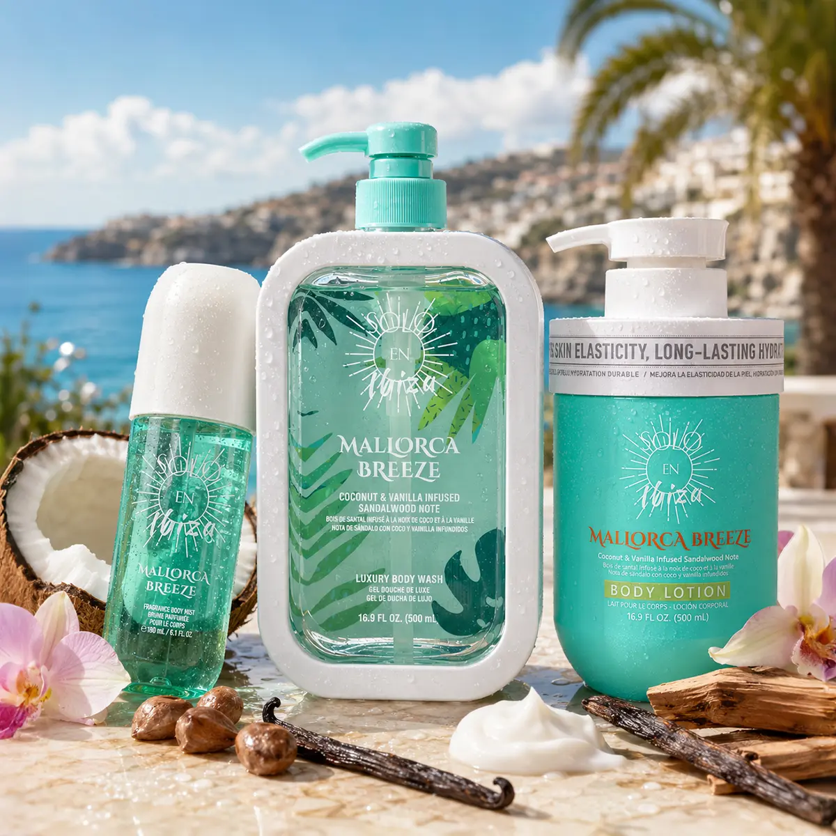 SOLO EN IBIZA Mallorca Breeze 3-Piece Bath & Body Layering Set, 6.1 fl oz (180ml) Fragrance Mist & 16.9 fl oz (500ml) Body Lotion & 16.9 fl oz (500ml) Body Wash, Long-Lasting Gourmand Fruity Scent