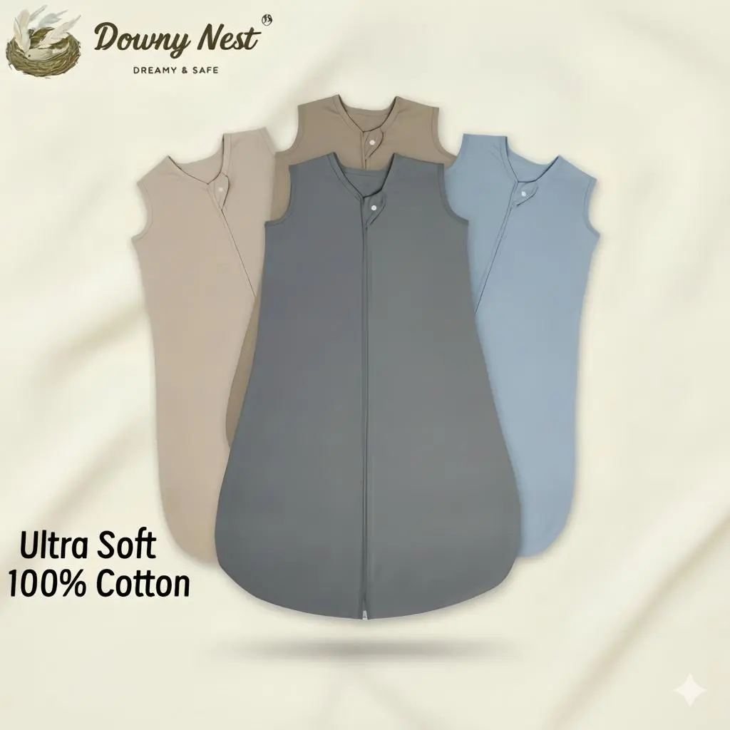 DownyNest Unisex 100% Breathable Cotton Newborn Sleep Sack - 0-3/12-18 Months, 0.5 Tog Lightweight, 2-Way Zippered Sleeveless Plain Wearable Blanket, Apricot Swaddle for Everyday Use Camping Essentials, Soft Bedding Nesting for Baby Cots, Sleeping Cots