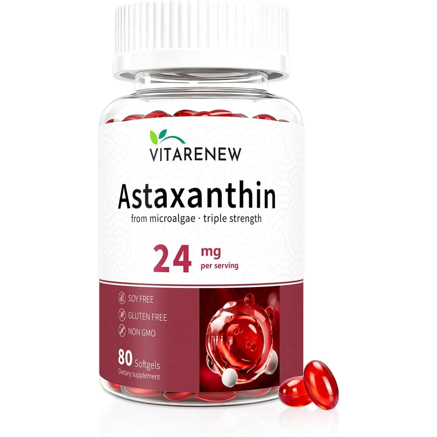 High Absorption Astaxanthin 24mg Complex Unflavored Softgels - with Phosphatidylcholine, Lutein, Vitamin E - Supports Eye Health, Skin Radiance - Non-GMO, 80 Count Softgels