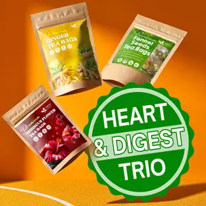 【FreshDrinkUS】 Heart & Digest Trio, Hibiscus Flower, Fennel Seed & Ginger Root Herbal Tea Bags, 100% Natural & Pure Flowers and Roots, Biodegradable Tea Bags, No Sugar, No Caffeine, No Gluten, Vegan – Herbal Beverage