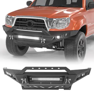 Full Width Tacoma Front Bumper for 2005-2015 Toyota Tacoma 2nd Gen Pickup Trucks – Heavy Duty Rock Crawler Bumper with120W LED Light Bar, 2 x 39W LED Lights, and 2 x D-Rings