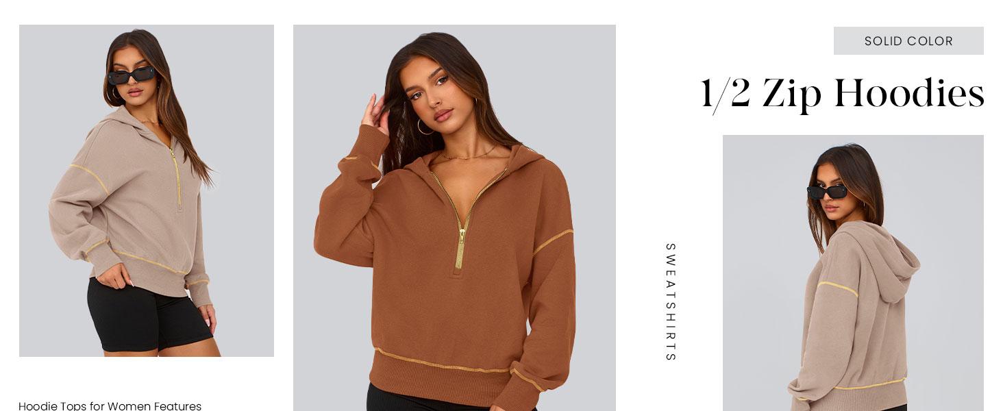 PRETTYGARDEN Women's Pink Hooded Sweatshirt Long Sleeve Half Zip Cropped Pullover with Gold Zipper & Stitching Detail for Winter Fashion