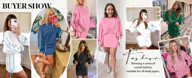 Fisoew Women 2 Piece Outfit Set Casual Crewneck Tie Sweatshirt High Waisted Skort Shorts Sporty Comfy Breathable for Gym & Outdoor Activities Athletic Training Apparel #Springtok #ValentinesDay