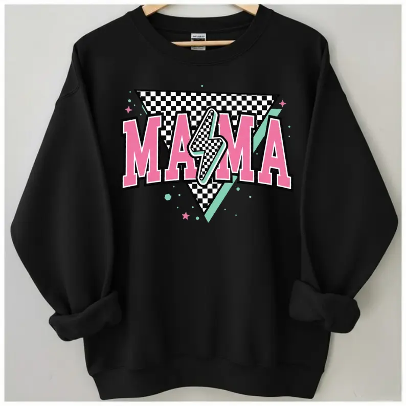 Retro Checkered Lightning Bolt Mama Sweatshirt, Unique 90s Aesthetic Mom Apparel, Cool Mom Club, Unisex, Comfortable, Casual All Season, Trendy, Oversized, Streetwear
