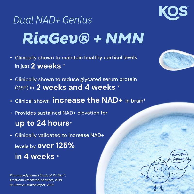 KOS  NAD+ Blue Genius -  & Cellular Energy Supplement with NMN, RiaGev, 4CreaVida, Alpha GPC for Healthy Aging, Blue Raspberry, 8.21 oz
