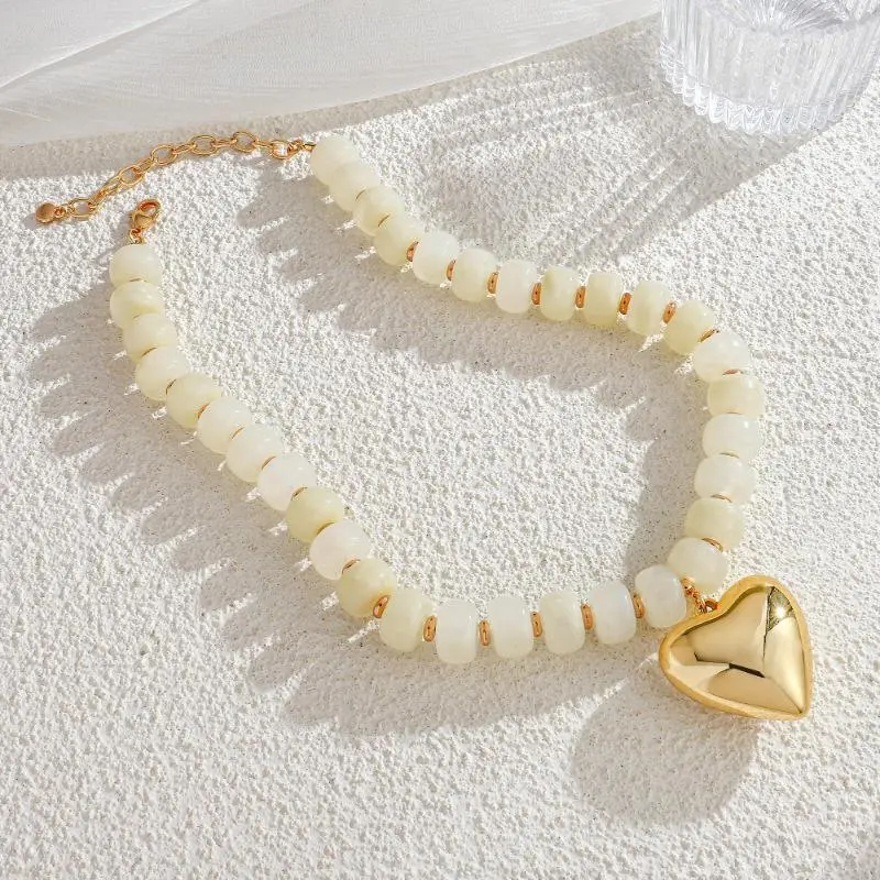 Colorful Chunky Beaded Necklace with Gold Puff Heart Pendant Statement Necklace for Women