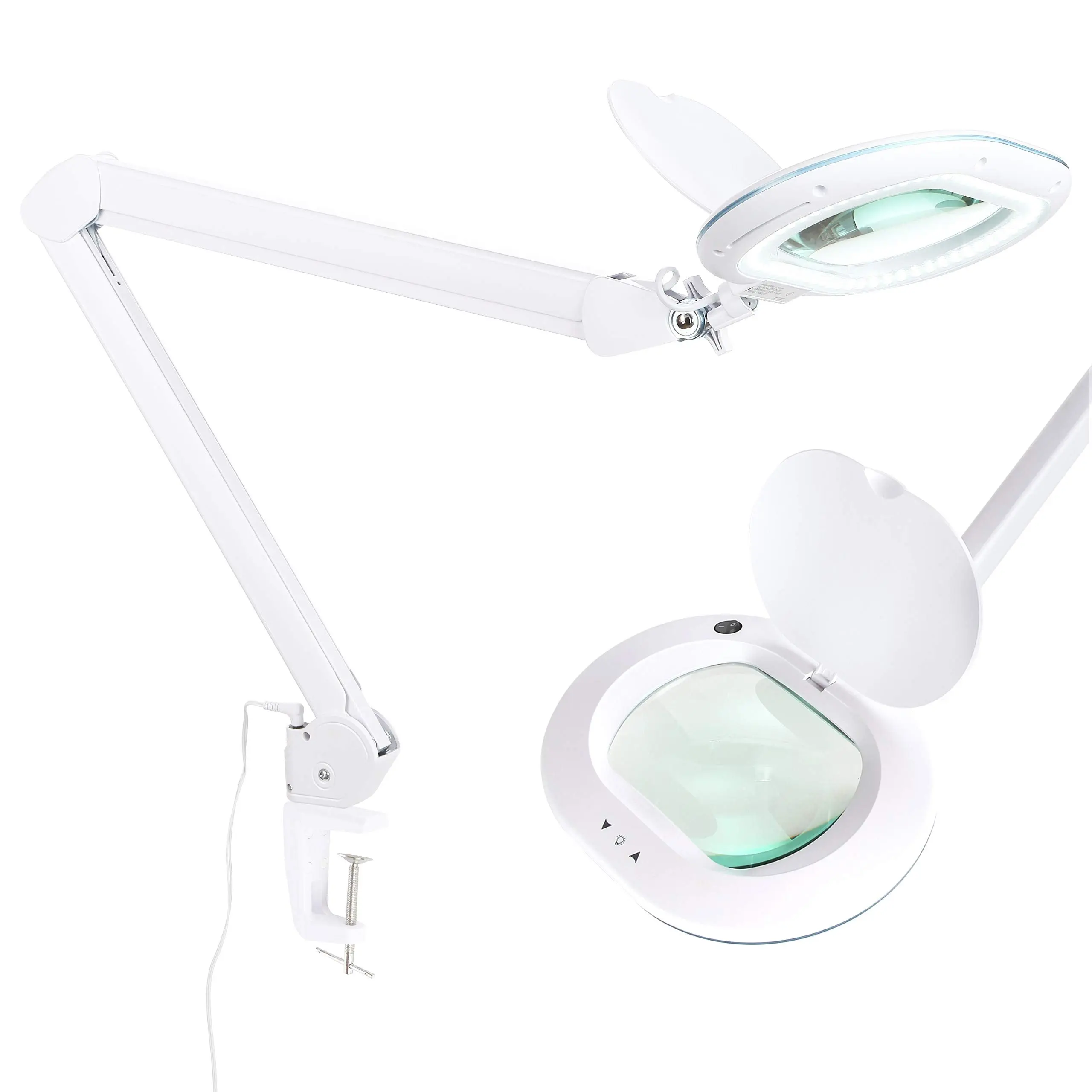 Brightech LightView Pro XL Clamp-On Magnifying Desk Lamp - 6in Wide 4.5in Long Scratch-Resistant Glass Dimmable Lens, Adjustable LED High Contrast Lights, Tabletop Base & Shade, AC Power for Close Work, Adjustable Vision Lamps