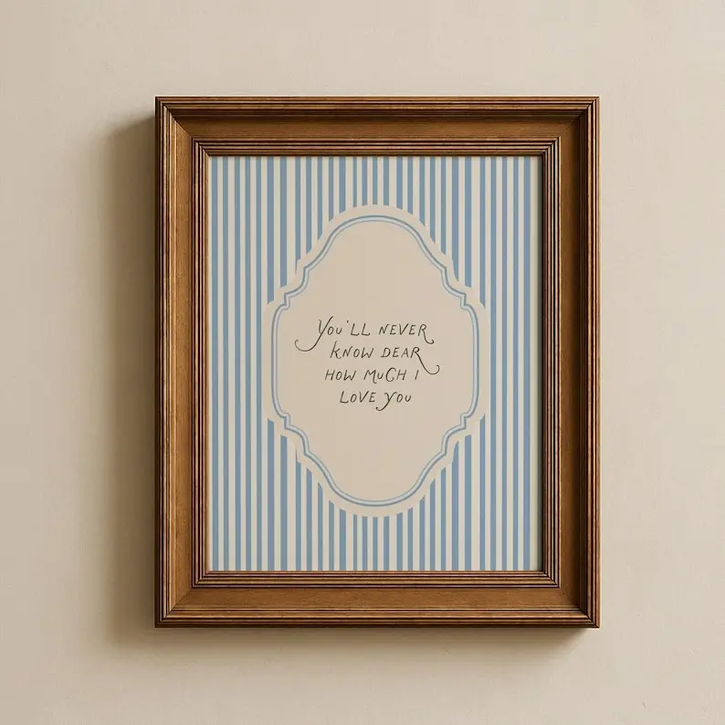 [UNFRAMED POSTER] You'll Never Know Dear How Much I Love You Nursery Wall Art, Blue Watercolor Stripe Boys Room Decor Print, Vintage Poster
