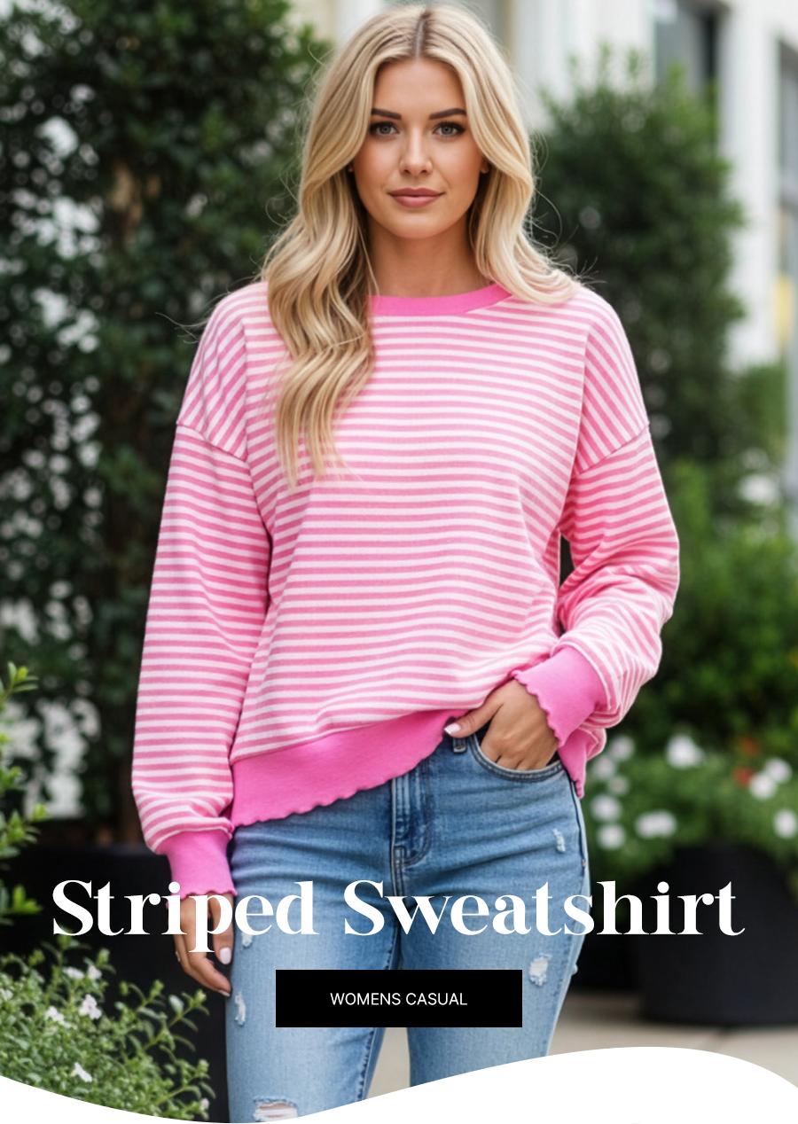 Dear-Lover Stripe Print Crew Neck Drop Shoulder Long Sleeve Loose Casual Top For Women's Dailywear