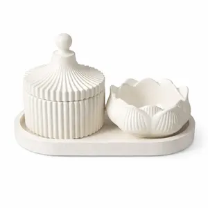 Jesmonite Candle Holder set with Ribbed Jar, Floral Bowl & Tray – Ivory Decorative Home Décor Organizer