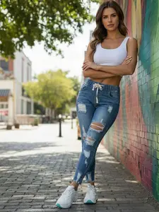 Women's high waist tight elastic hole jeans hole denim trousers plus size Womenswear Bottom stretchy pant wide leg flare blue casual style