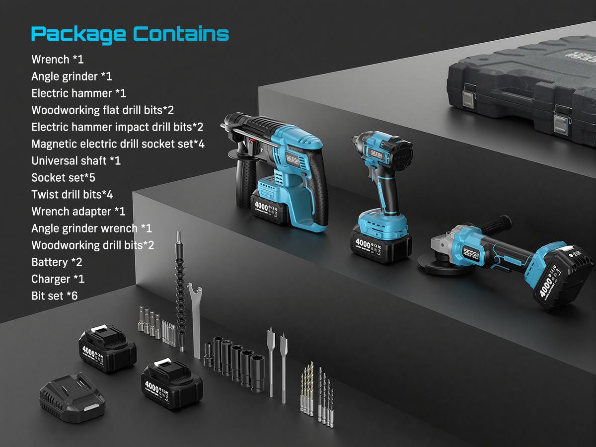SEESII 3-in-1 Cordless Power Tool Set: Electric Rotary Hammer, Cordless Angle Grinder & Brushless Impact Wrench - Heavy Duty Combo Kit with 2x 4.0Ah Batteries for Construction, Automotive Repair & Metal Fabrication, 3ML