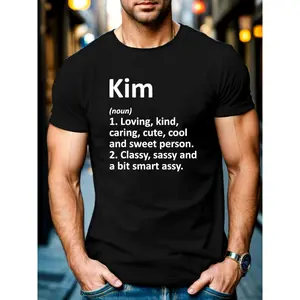 's White Kim/Kim-like Name Print T-Shirt - Korean Culture Inspired K-Drama Fan Tee with Korean Text & English Translation, Casual Round Neck Shirt for Casual Attire (Kim Character Traits: Loving, Kind, Caring, Cool), Male Tshirt, Plain Tshirts, Shirts Wit