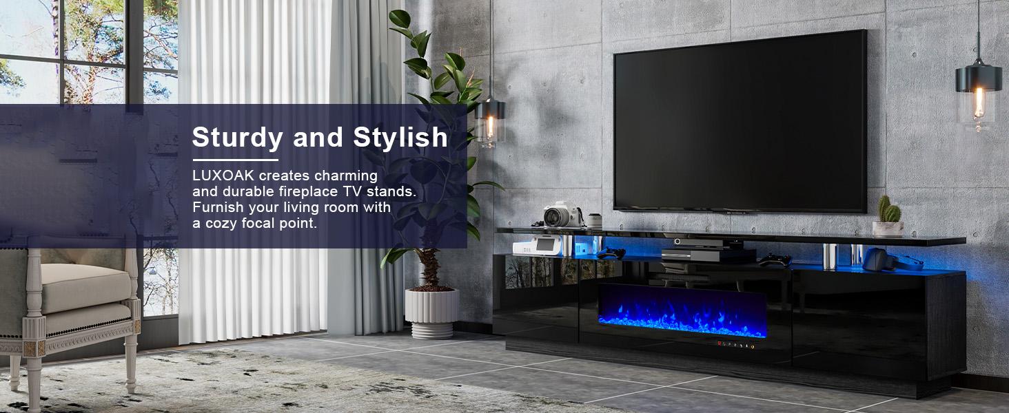 VanAcc Modern Fireplace TV Stand with  Electric Fireplace, High Gloss Finish Media Console with Open Storage for DVD Players, Entertainment Center with LED Lights and Remote Control