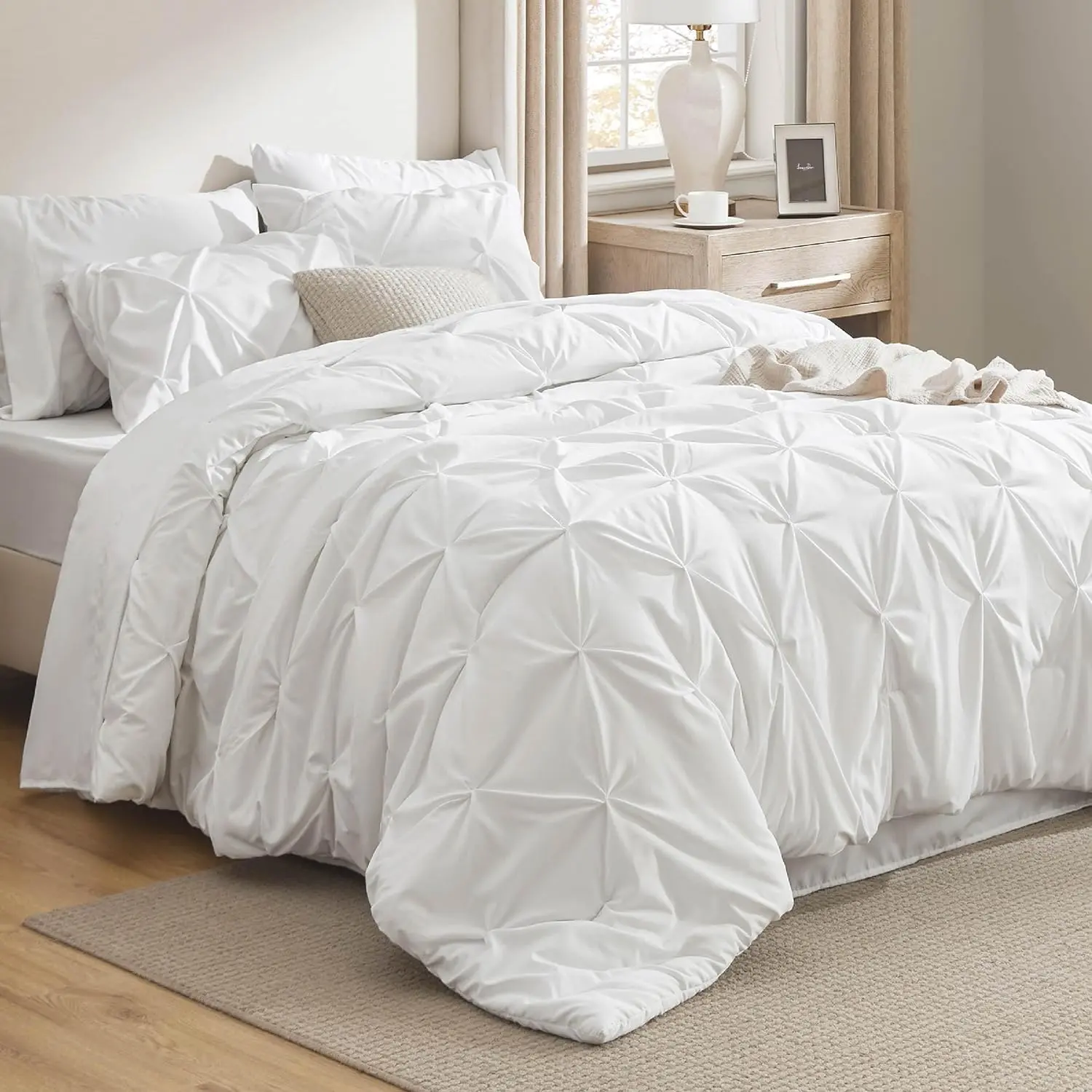 【backtoschool】7 PCS-Bedsure Soft  Pintuck Messy Bedding Sets - Multi-Color,Cloud-like,Ultra-Soft,Machine Washable,Luxury Bedroom Decor Accessories,Breathable,All-Season King Size Comforter Sets,Hotel Quality, Restful Sleep, Geometric Pattern