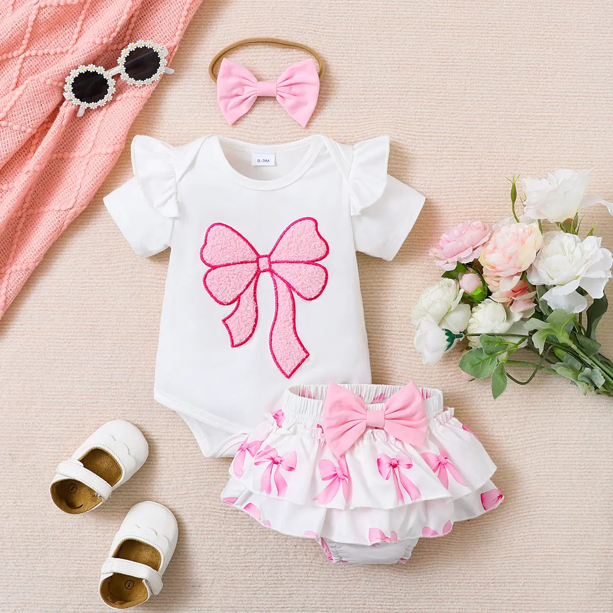Baby Girl 3-Piece Outfit Set Pink Bow Embroidery Ruffle Bodysuit & Skirt Bloomers with Headband (0-18M) Ready Stock FE-B2603181
