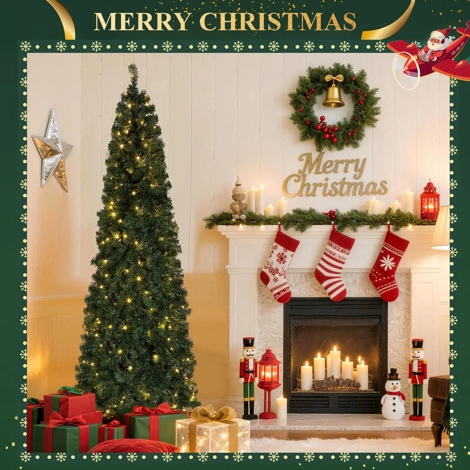 Okicoler Pre-lit Premium Kingswood Fir Slim Hinged Christmas Tree, Green Skinny Corner Tree with 350 Soft Incandescent Warm White Lights, Sturdy Foldable Stand