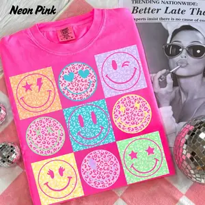 Comfort Colors Neon Summer Smiley Face Shirt, Checkerboard Leopard Beach Life Tee, Trendy Distressed Summer Vibes Graphic T-Shirt