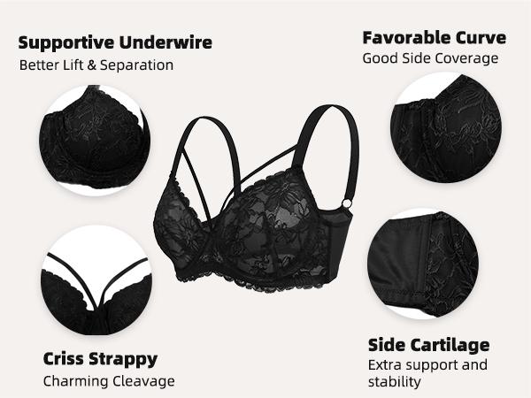 HSIA Pretty In Petals Plus Size Elegant Sheer Mesh Lace Unlined Full Coverage Strappy Underwire Non-Padded Bra with Minimizer Support  Wide Adjustable Straps for Women's Everyday Lingerie SpringStatements