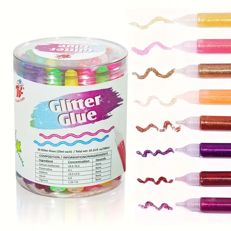 TBC The Best Crafts 30-Count Washable Glitter Glue Pack(11.16oz), Non-Toxic Sparkle Glitter Glue Pens for Kids, Glitter Writing Glue Pens for Arts and Crafts Projects, Classroom Posters