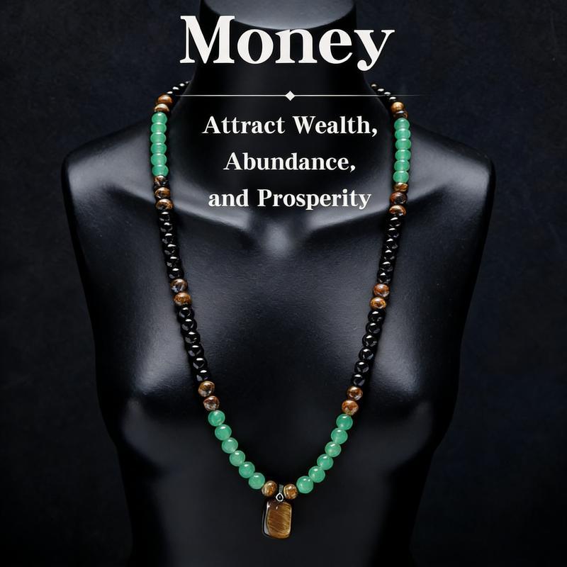 Money Attraction Necklace With GreenAventurine & Tiger Eye Pendant Healing Crystal Stone ，Anniversary, Vacation &Theme Parties Jewelry Charms Abundance Crystal bracelet，Long Chain，Sweater chain，Ideal Gift Jewelry for Men and Women