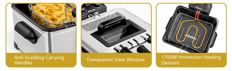 COSTWAY Deep Fryer with Basket, 3.2Qt/5.3Qt Stainless Steel Electric Oil Fryer w/Adjustable Temperature, Timer, Lid with View Window-Christmas Festival Gift Black Friday Cyber Monday