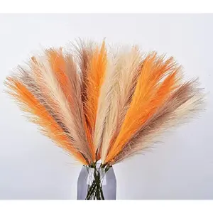 Orange Pampas Grass Decor,23Inch 12pcs Faux Pampas Grass Bouquets Artificial Pampas Fake Pampas Flower for Home Living Room Bedroom Vase Decor