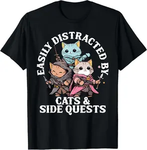 100% Cotton Cats Side Quest Distracted Tabletop Funny Men Women Dad T-Shirt