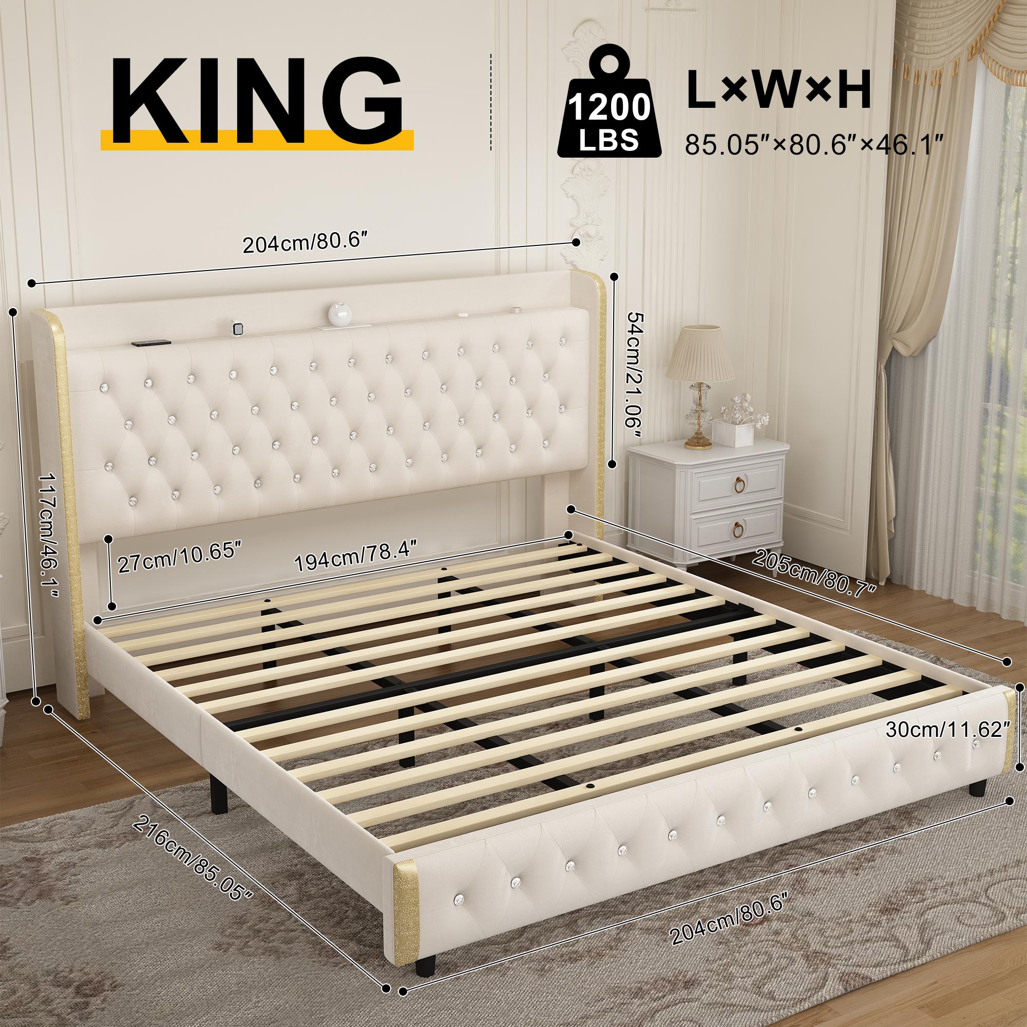 Queen LED Bed Frame Galaxy Projector  White Noise Bluetooth Music speaker,  , 46“ Tall Headboard with USB Charging ,  No Box Spring Required and No Mattress Included，Upholstered Bed with Wood Slat Support, Velvet