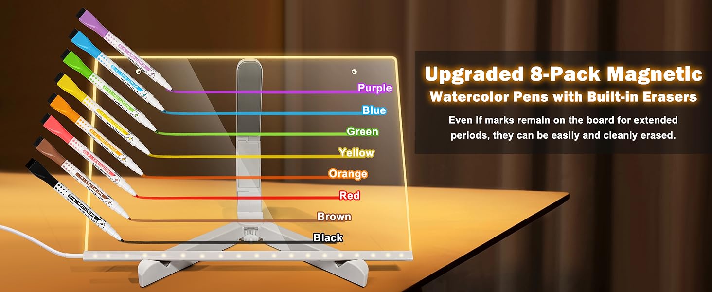 【Hot Selling Gift】LED Drawing Board with 7-Colors,Equipped with Stand,8 Colored pens (with Eraser Caps),Sketchbook,Adapter, Hook, Chain, Spray Bottle, Cloth and Sketchbook (12x“8”) LED Note Board