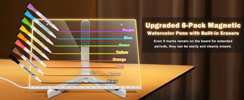 【Hot Selling Gift】LED Drawing Board with 7-Colors,Equipped with Stand,8 Colored pens (with Eraser Caps),Sketchbook,Adapter, Hook, Chain, Spray Bottle, Cloth and Sketchbook (12x“8”) LED Note Board