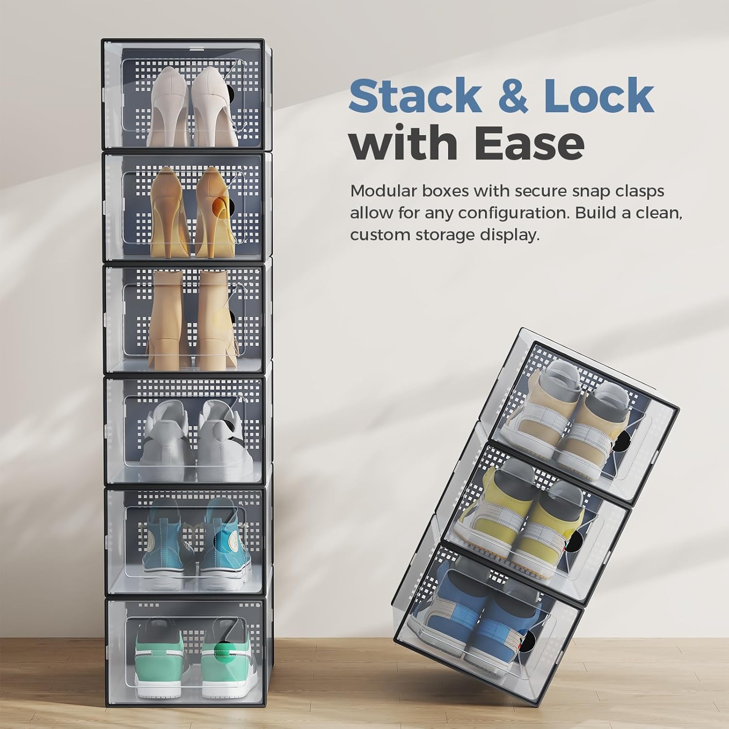 Stackable Shoe Storage Boxes, 15-Pack Plastic Shoe Organizers with Lids, Large Shoe Rack & Holder for Closet, Under Bed, Entryway, Sneaker Display and Storage Containers