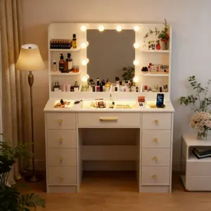 White Makeup Vanity, 9 Drawers Vanity Mirror with Lights, Makeup Vanity Desk with 3 Lighting Modes Adjustable Brightness, Vanity with Glass Top for Bedroom LED-Lighted