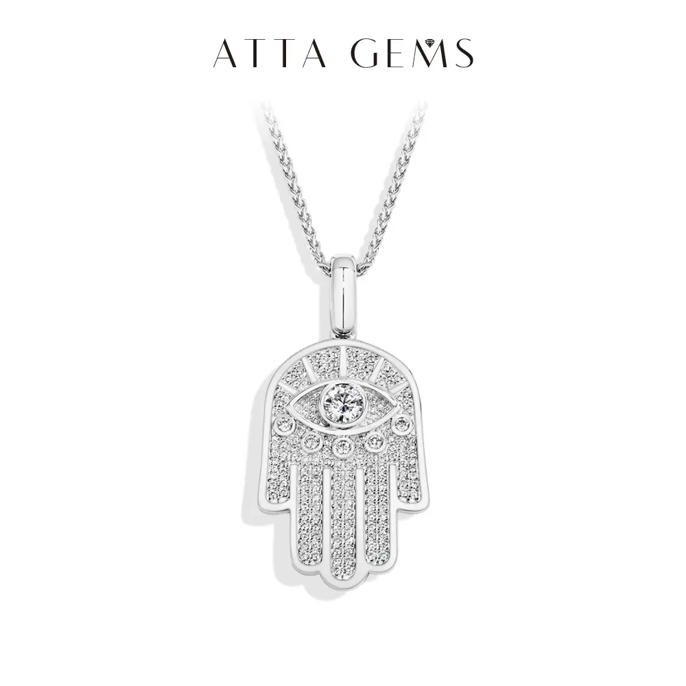ATTAGEMS Hamsa Hand Evil Eye Pendant Necklace with Lab-Created Moissanite, 925 Sterling Silver, D Color VVS1, Unisex Men's Jewelry for Everyday Wear, Gemstone Pendant Necklace, Unique Gifts For Man, Birthday, Casual, Men's Accessories