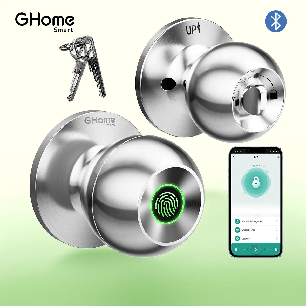 GHome Smart 3-in-1 Fingerprint Door Knob Lock with Bluetooth and App Control, Rechargeable Biometric Smart Lock for Bedroom, 400mAh Battery, K10