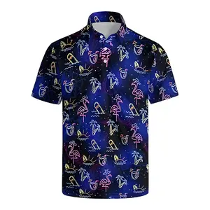 Party Night Neon Flamingo Blue Mens Funny Polo Shirts, Short Sleeve Golf Shirts, Moisture Wicking Quick-Dry Business Casual Shirt for Men