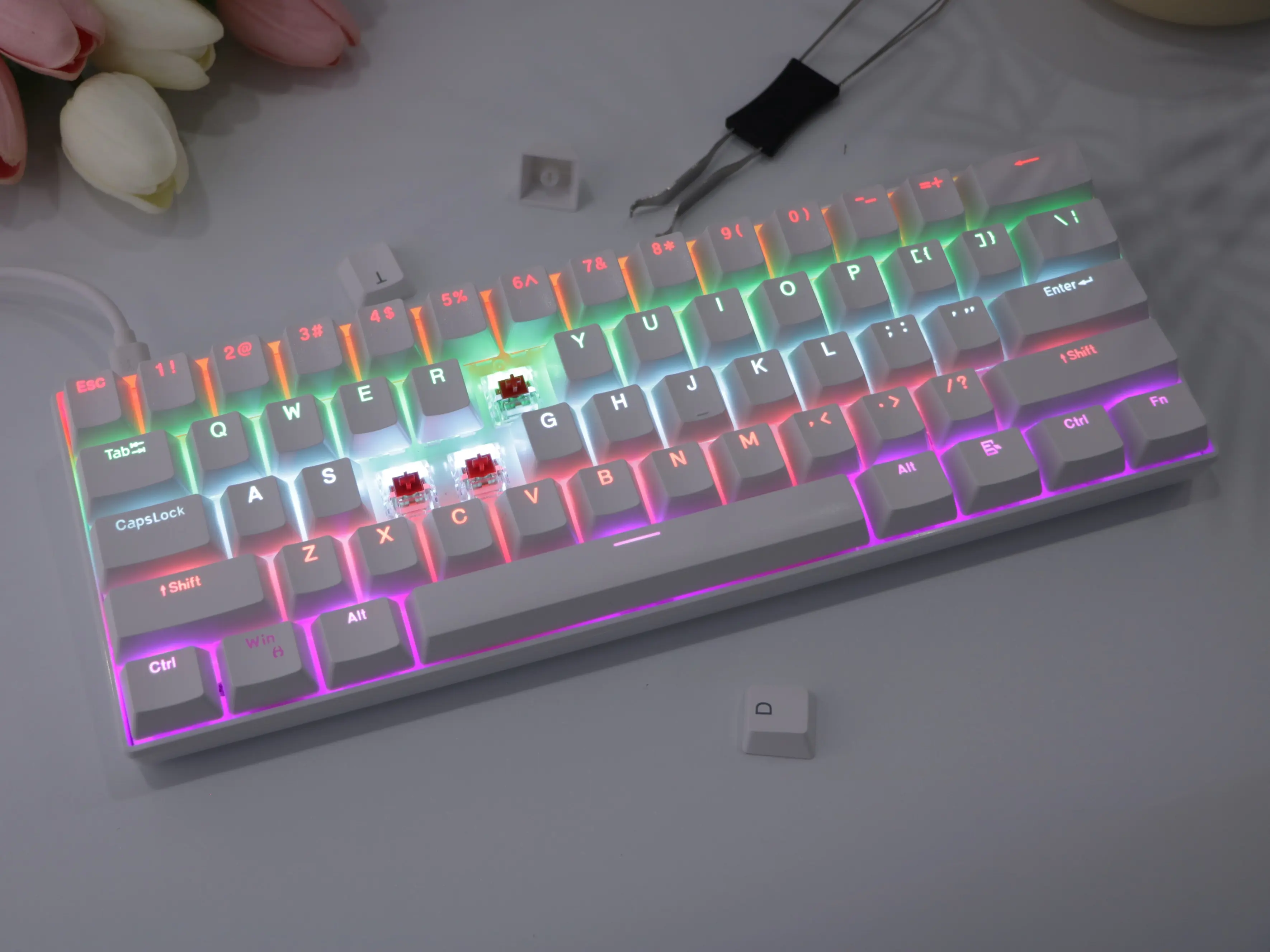 61-Key Hot-Swap Mechanical Backlit Gaming Keyboard, 60% Layout RGB Backlit, Type-C USB Wired, Linear Blue/Red Switches, Customizable Ergonomic Aesthetic Mini Keyboard for PC, Mac, Mechanical Backlit Keyboard