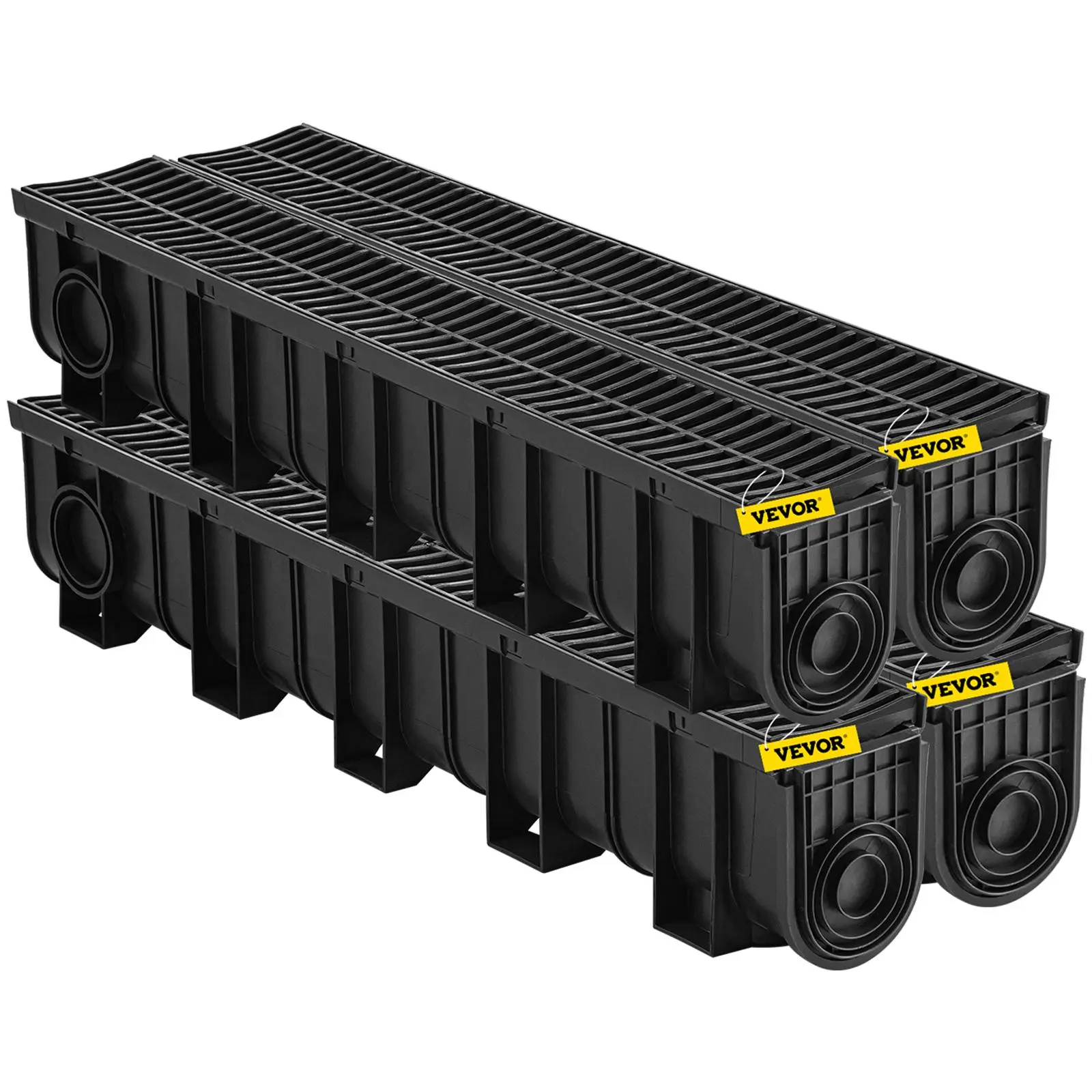 【Summerfinds】VEVOR Trench Drain System, Channel Drain with Plastic Grate, 5.9x7.5-Inch HDPE Drainage Trench, Black Plastic Garage Floor Drain, 4x39 Trench Drain Grate, with 4 End Caps, for Garden, Driveway-4 Pack