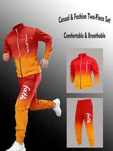 Men's Stylish Gradient Matching Set - Faith Cross Print Jacket & Pants for Casual/Walking
