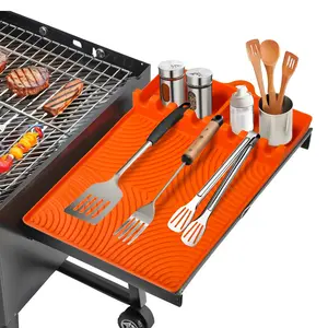Griddle Mat Barbeque Grill Accessories Tools for Blackstone, Side Shelf Mat Grill Pad for Outdoor Grill Kitchen Counter Spatula Silicone Mat with Drip Pad for Kitchen, Cooking, Countertop (Orange)